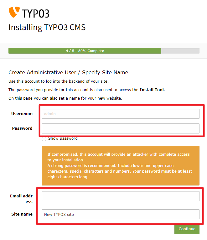Nutzernamen und Passwort für Administrator Account vergeben TYPO3
