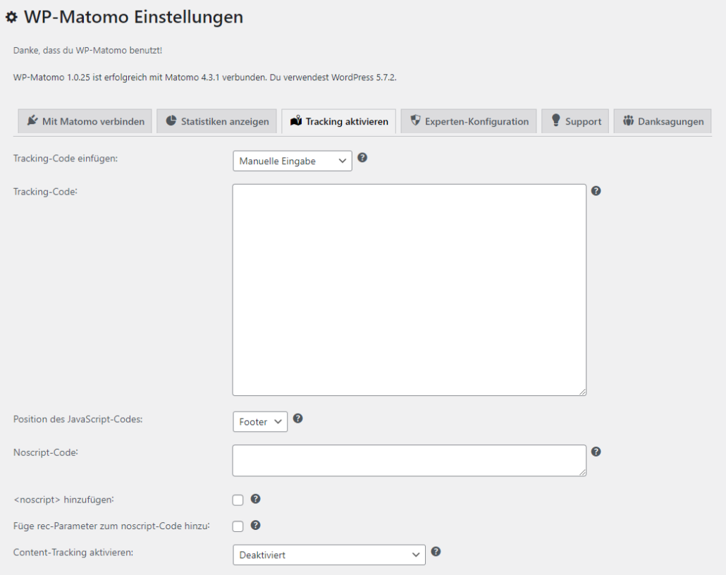 Eingabe-Maske für Tracking-Code in WordPress für Matomo-Plugin