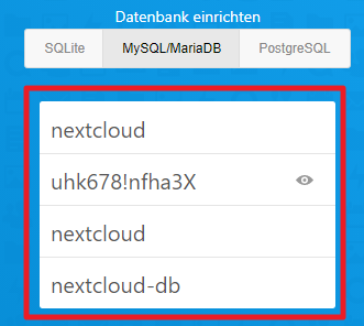 Datenbank-Daten eingeben in Nextcloud