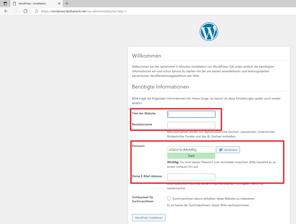 Daten für WordPress-Seite und Account einstellen